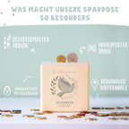 Personalisierte Holzspardose Geschenk zur Kommunion "Taube im Kranz" Aquarell