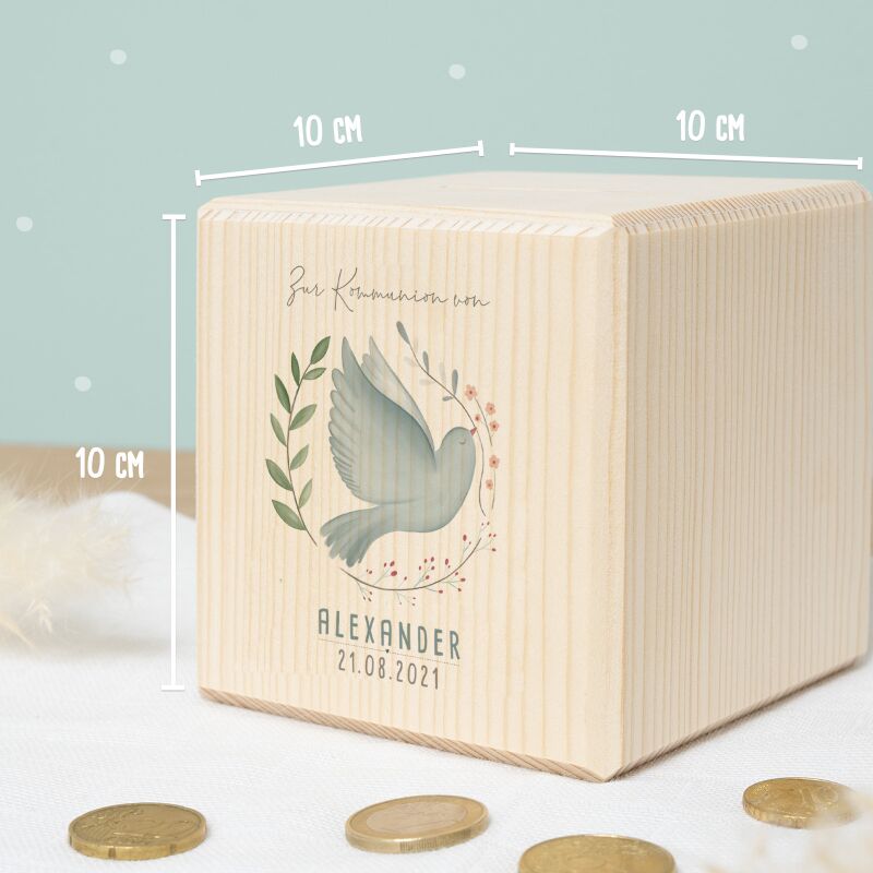 Personalisierte Holzspardose Geschenk zur Kommunion "Taube im Kranz" Aquarell