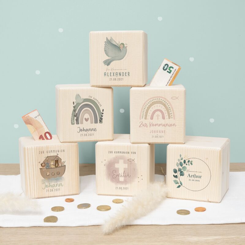 Personalisierte Holzspardose Geschenk zur Kommunion "Taube im Kranz" Aquarell