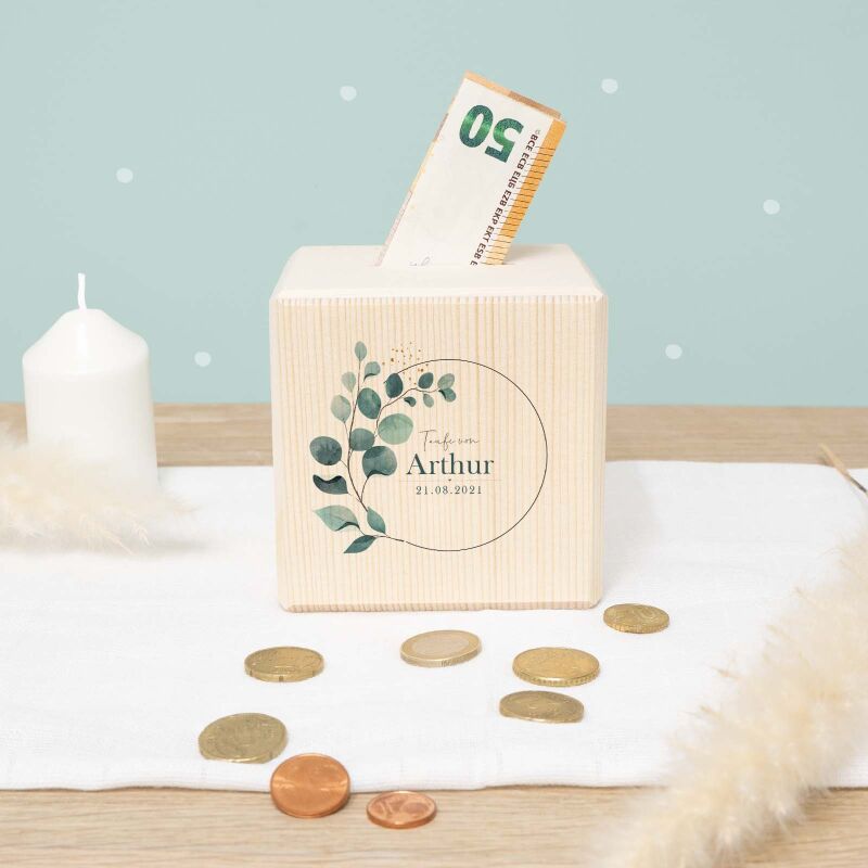 Personalisierte Holzspardose Taufgeschenk "Eukalyptus" Aquarell