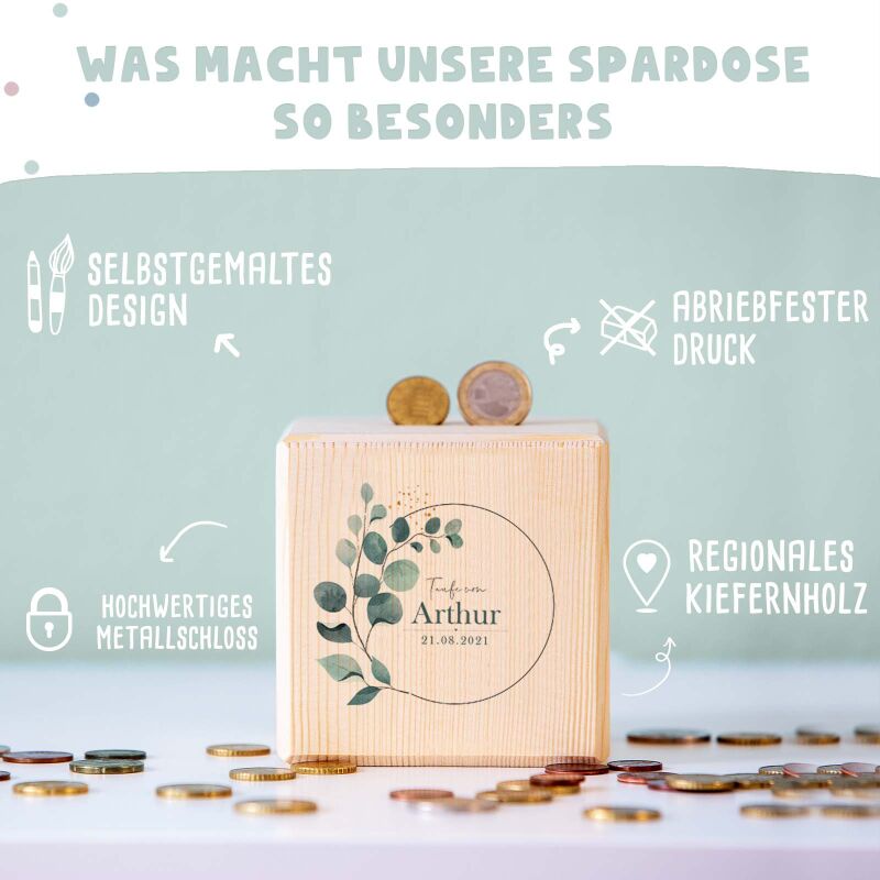 Personalisierte Holzspardose Taufgeschenk "Eukalyptus" Aquarell