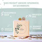 Personalisierte Holzspardose Taufgeschenk "Eukalyptus" Aquarell
