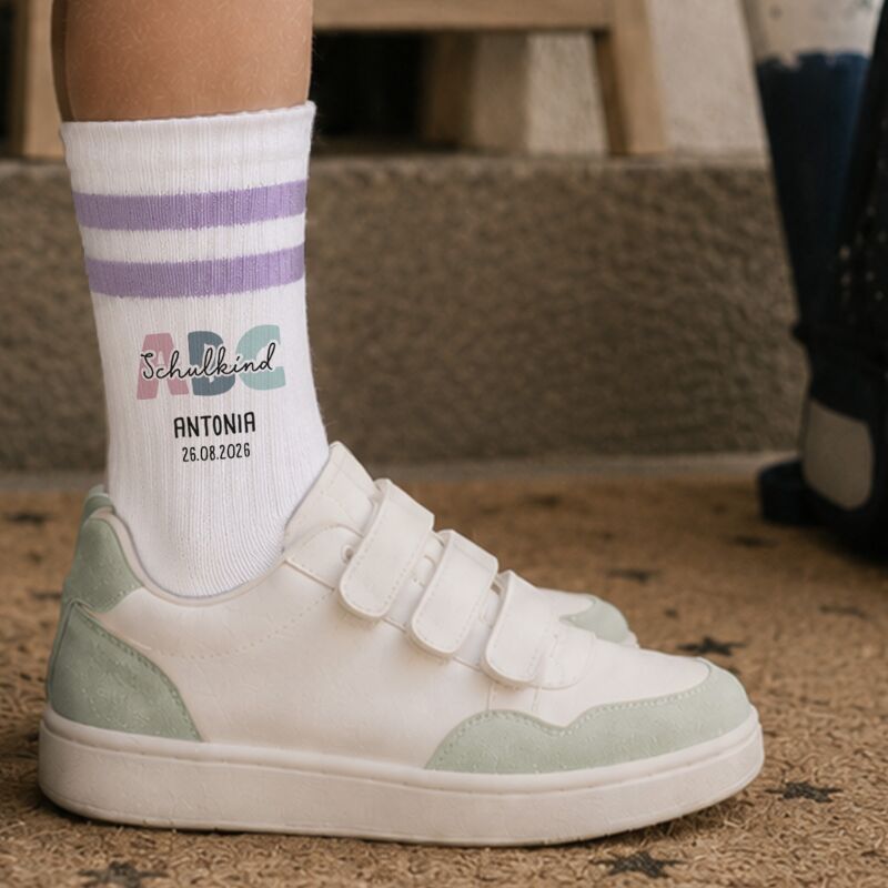Socken für Kinder zur Einschulung „ABC Mädchen“ personalisiert Sublimation