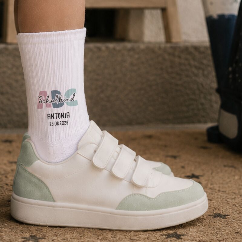 Socken für Kinder zur Einschulung „ABC Mädchen“ personalisiert Sublimation