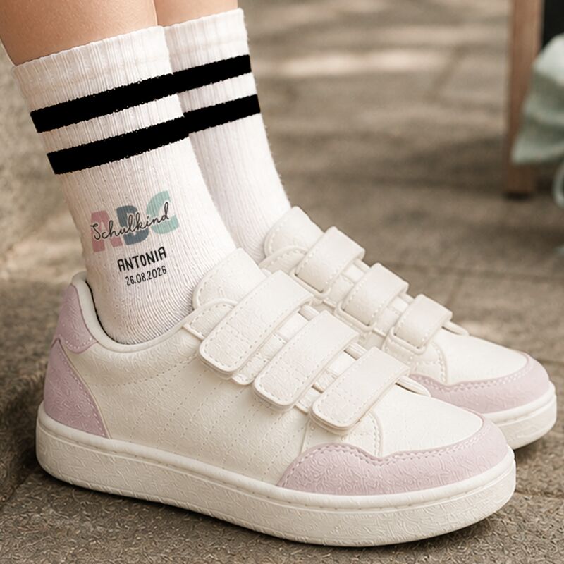 Socken für Kinder zur Einschulung „ABC Mädchen“ personalisiert Sublimation
