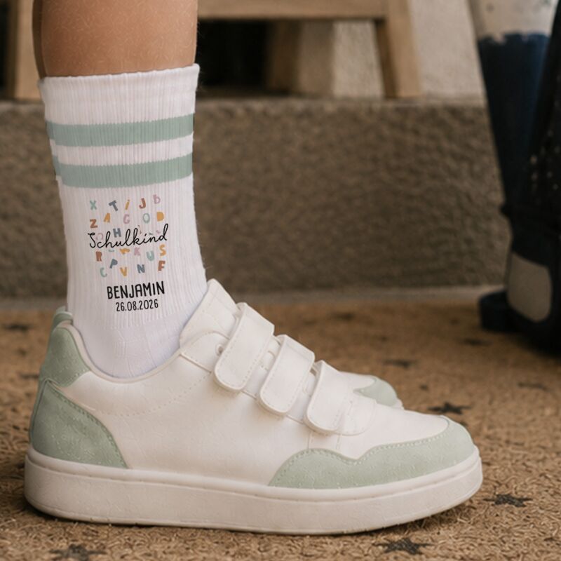 Socken für Kinder zur Einschulung „ABC Wolke“ personalisiert Sublimation