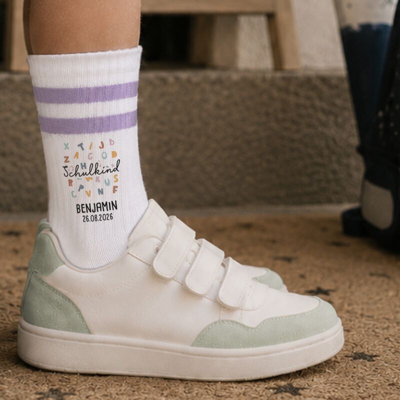 Socken für Kinder zur Einschulung „ABC Wolke“ personalisiert Sublimation