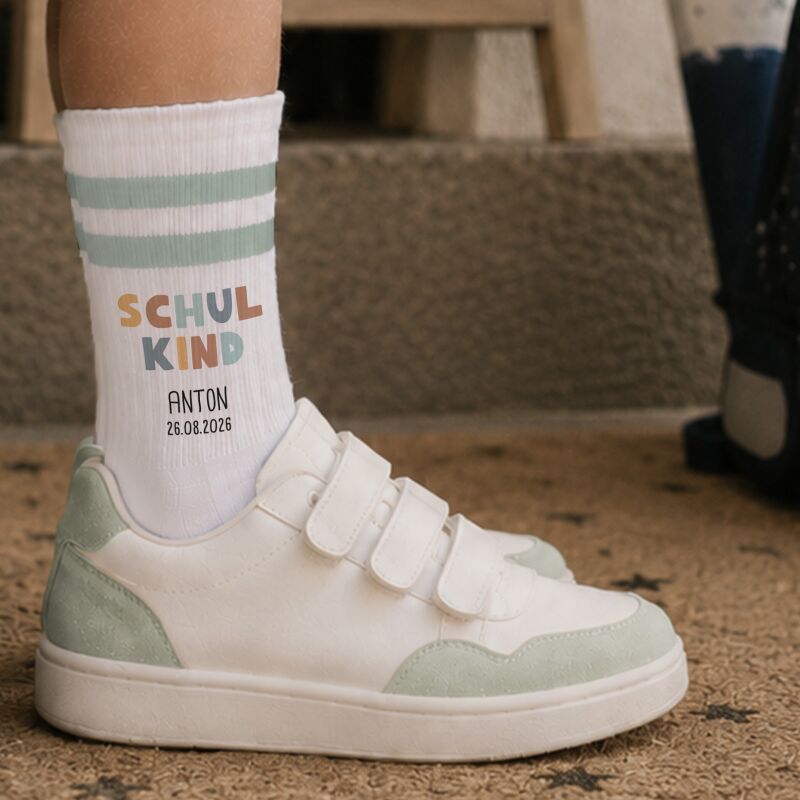 Socken für Kinder zur Einschulung „Endlich Schulkind Blau“ personalisiert Sublimation