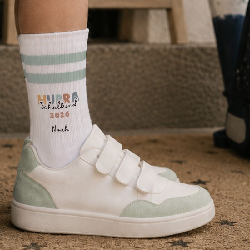 Socken für Kinder zur Einschulung „Hurra Blau“ personalisiert Sublimation