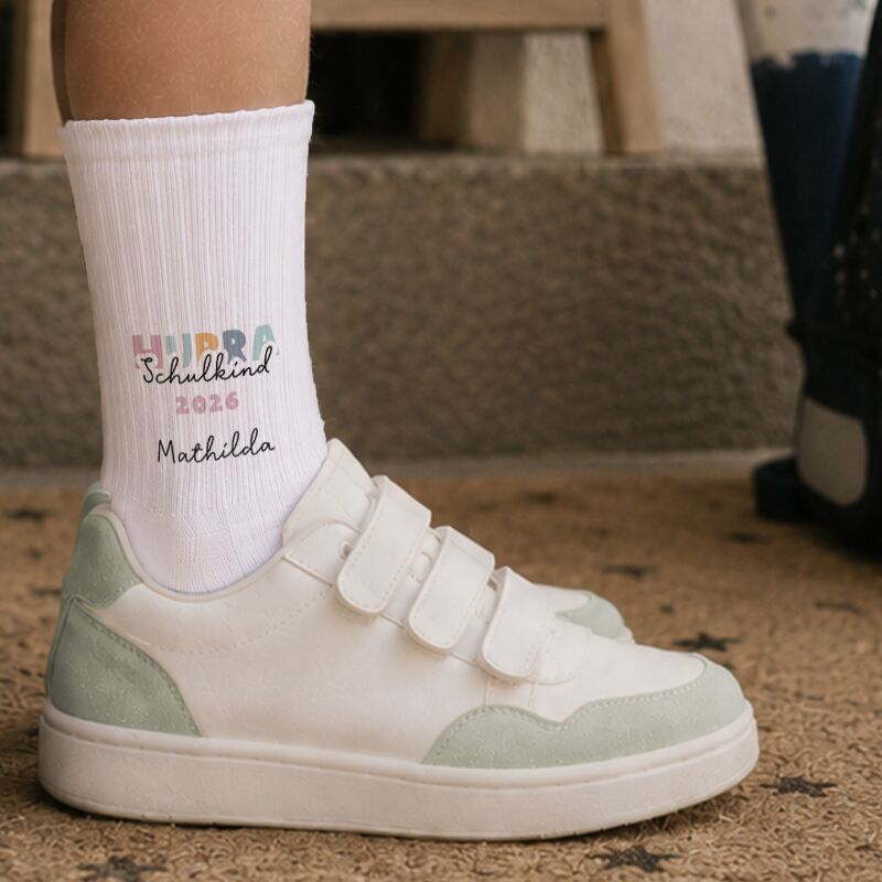 Socken für Kinder zur Einschulung „Hurra Rosa“ personalisiert Sublimation