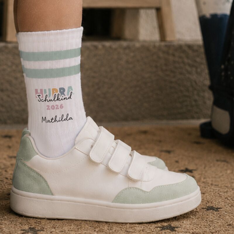 Socken für Kinder zur Einschulung „Hurra Rosa“ personalisiert Sublimation