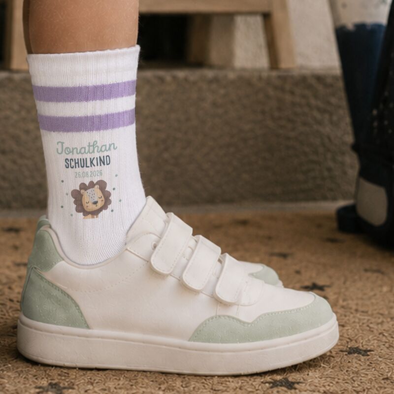 Socken für Kinder zur Einschulung „Löwe“ personalisiert Sublimation