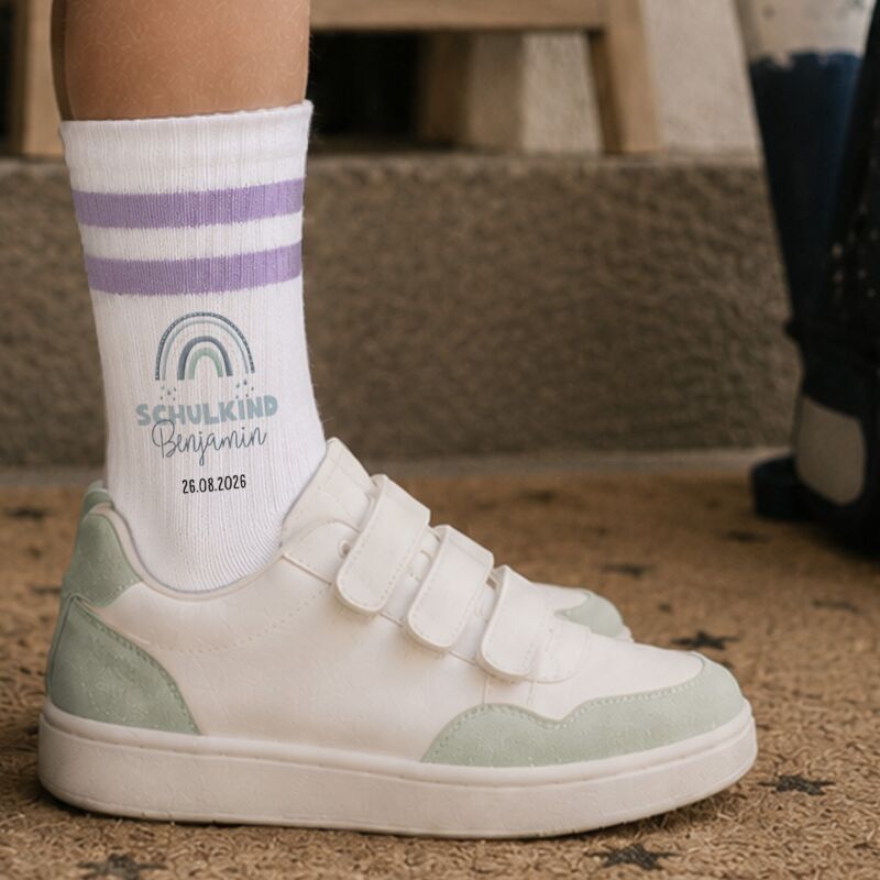 Socken für Kinder zur Einschulung „Regenbogen Blau“ personalisiert Sublimation