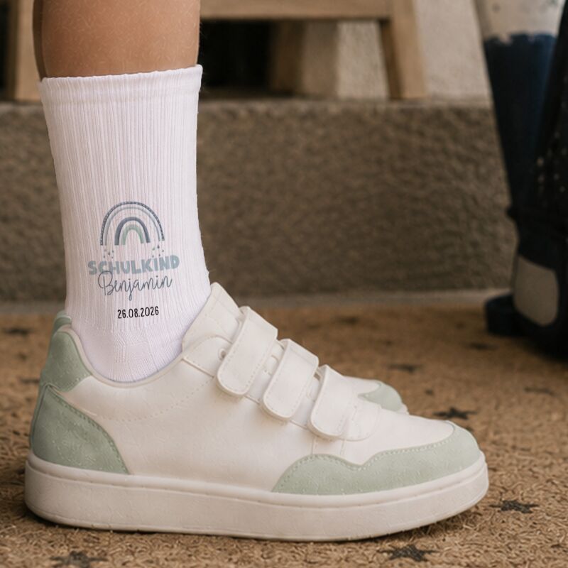 Socken für Kinder zur Einschulung „Regenbogen Blau“ personalisiert Sublimation