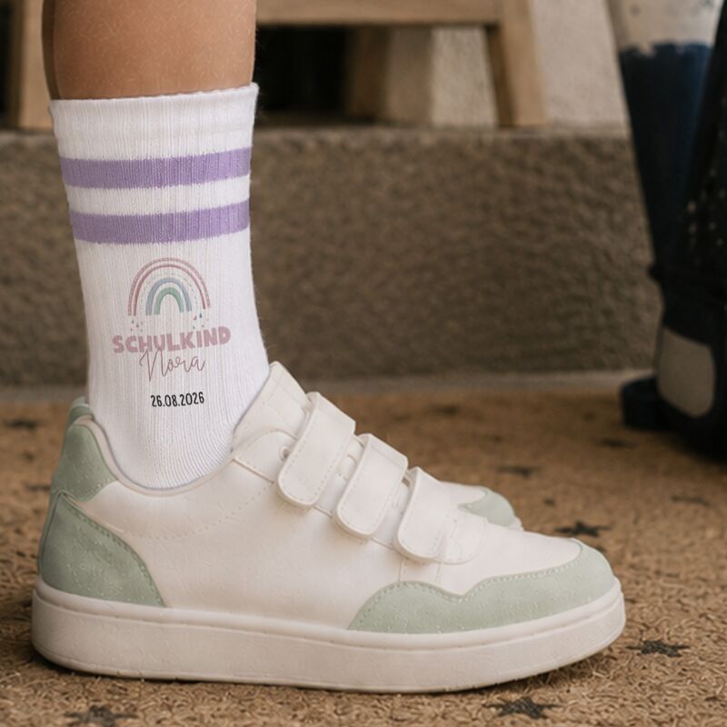 Socken für Kinder zur Einschulung „Regenbogen Rosa“ personalisiert Sublimation