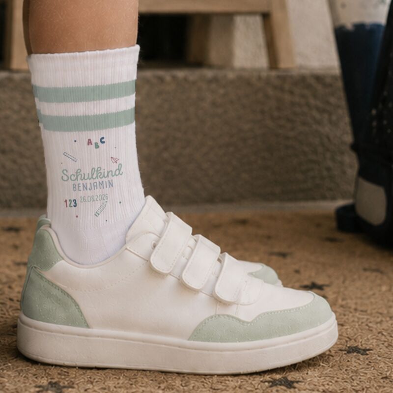 Socken für Kinder zur Einschulung „Schulutensilien Blau“ personalisiert Sublimation