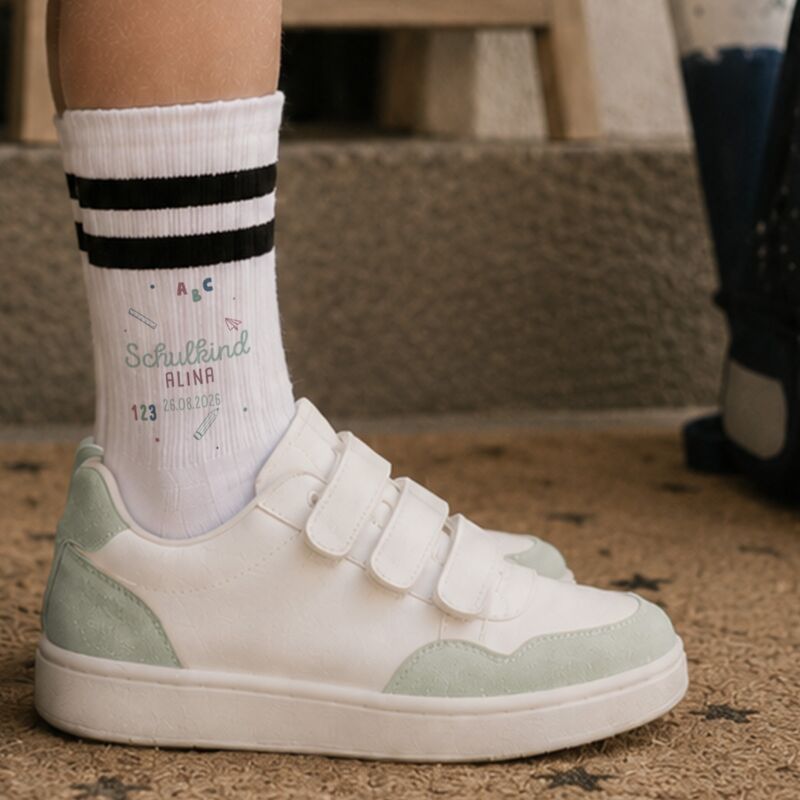 Socken für Kinder zur Einschulung „Schulutensilien Rosa“ personalisiert Sublimation