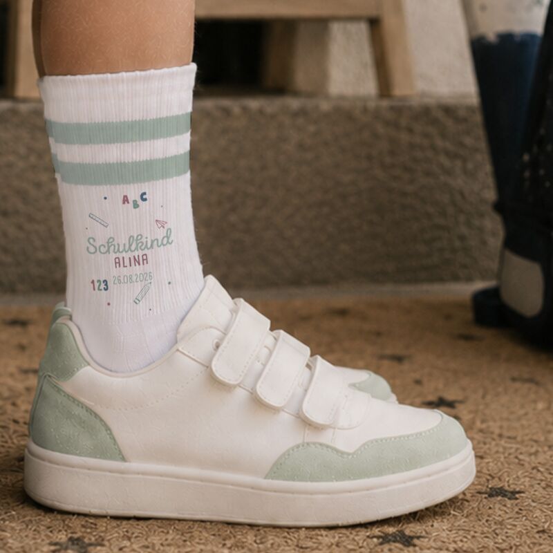 Socken für Kinder zur Einschulung „Schulutensilien Rosa“ personalisiert Sublimation
