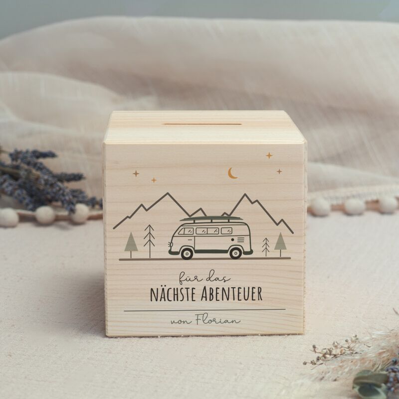 Personalisierte Spardose aus Holz mit Namen – verschiedene Motive Geschenk