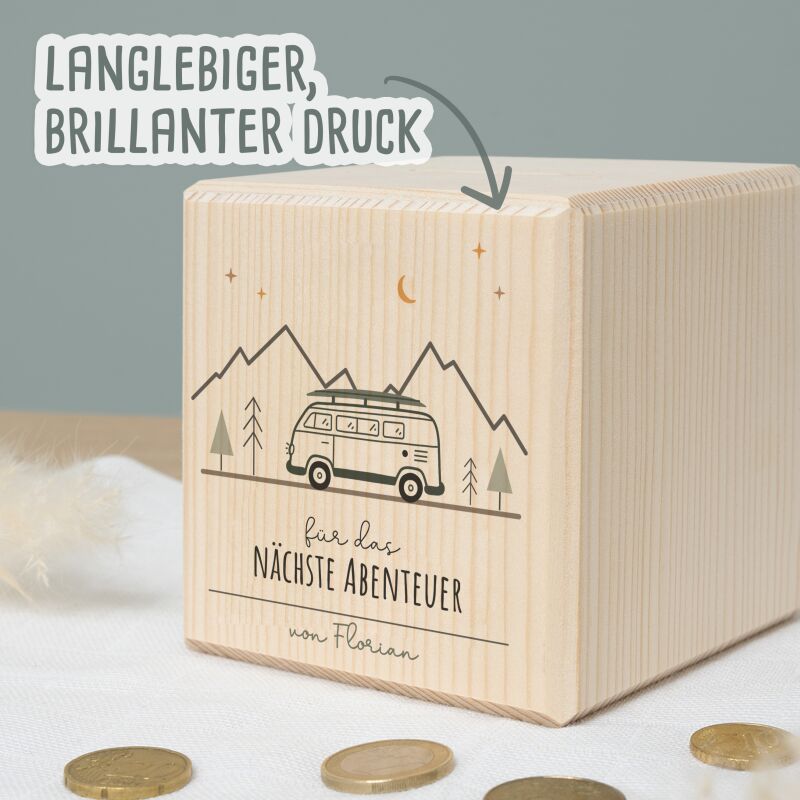 Personalisierte Spardose aus Holz mit Namen – verschiedene Motive Geschenk