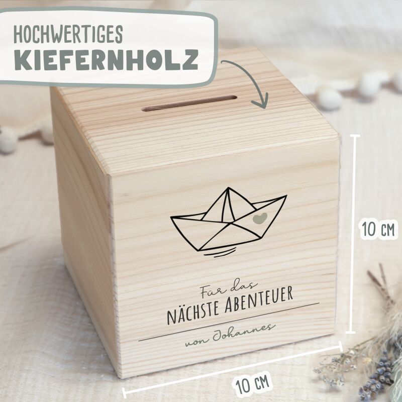 Personalisierte Spardose aus Holz mit Namen – verschiedene Motive Geschenk