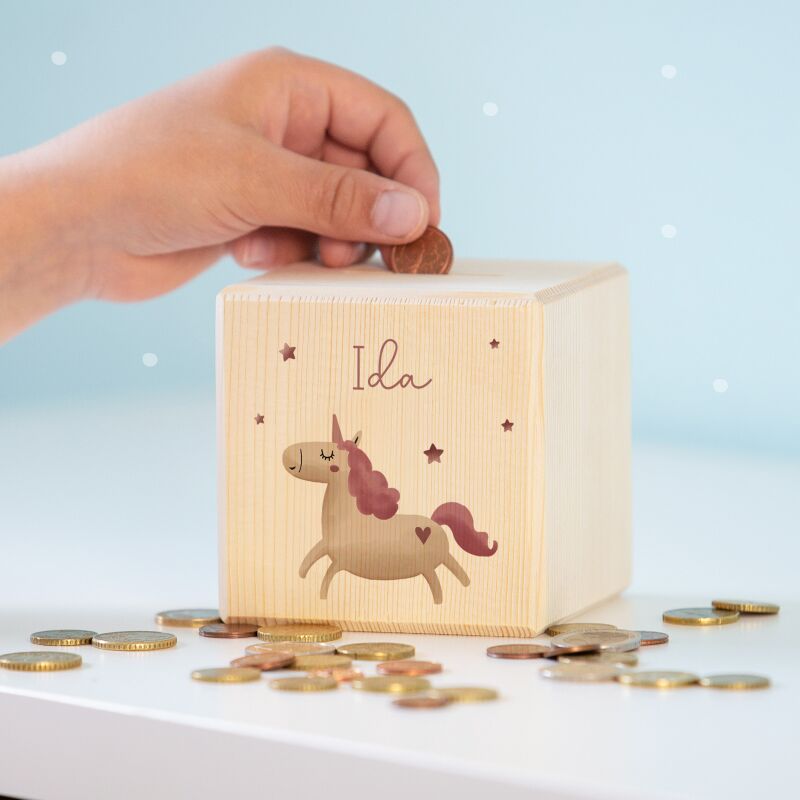 Spardose Würfel "Einhorn" bunt bedruckt