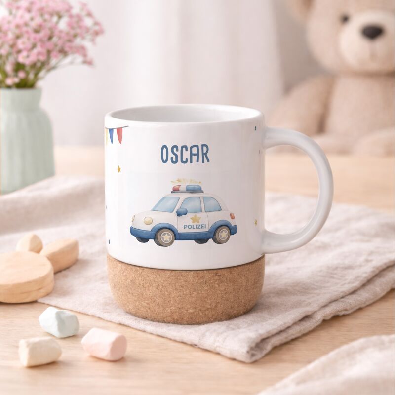 Personalisierte Tasse Korkboden "Polizeiauto"