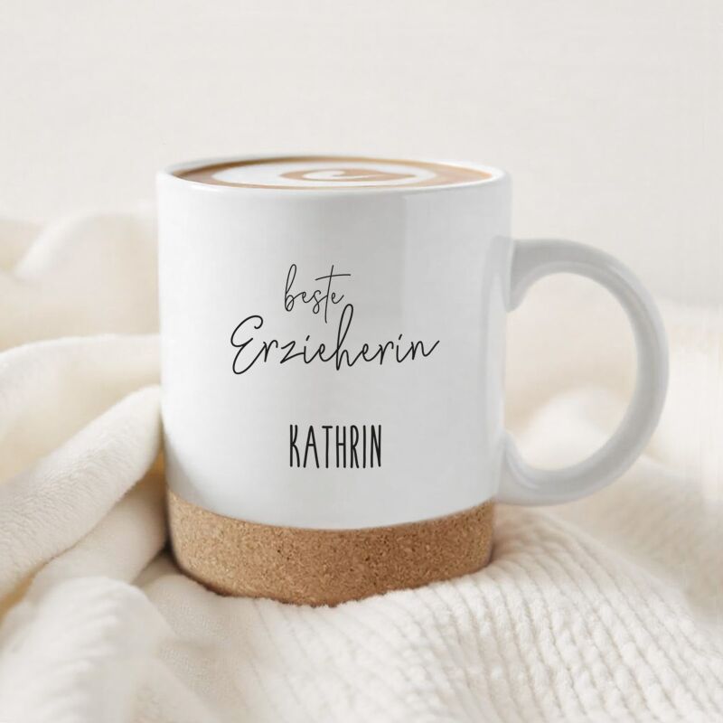 Personalisierte Tasse mit Korkboden und Deckel "Dankeschön" als Abschiedsgeschenk