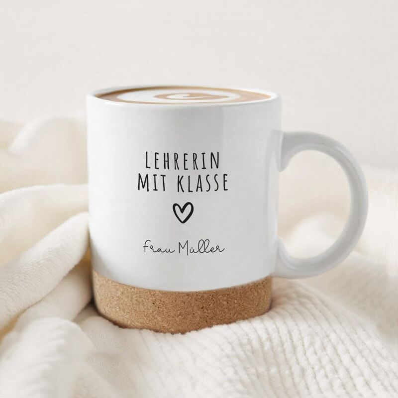 Personalisierte Tasse mit Korkboden und Deckel "Dankeschön" als Abschiedsgeschenk