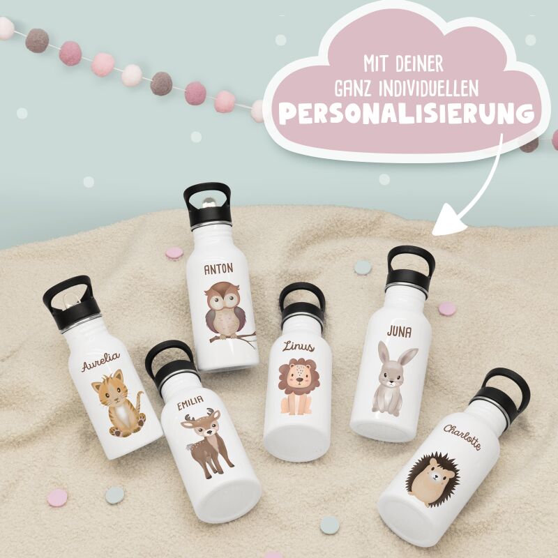 Personalisierte Trinkflasche weiß mit Trinkhalm "Eisbär"