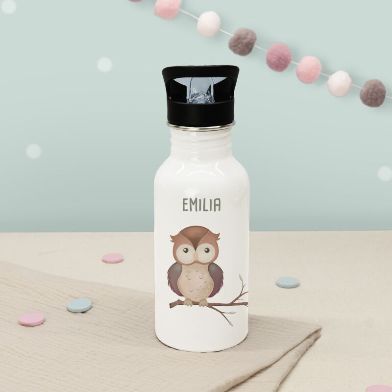 Personalisierte Trinkflasche weiß mit Trinkhalm "Eule"