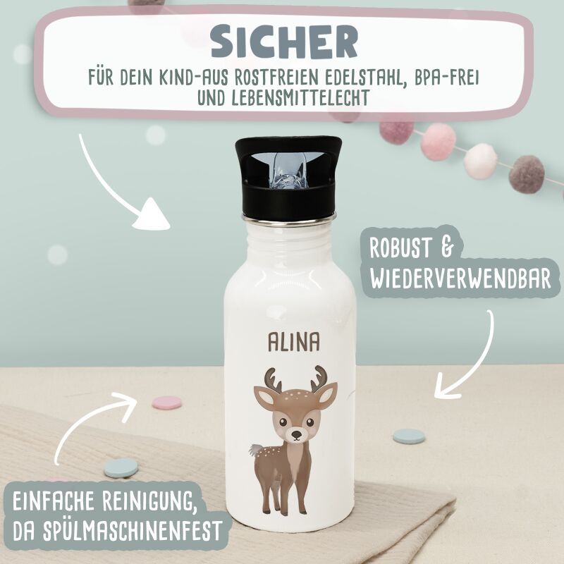 Personalisierte Trinkflasche weiß mit Trinkhalm "Eule"