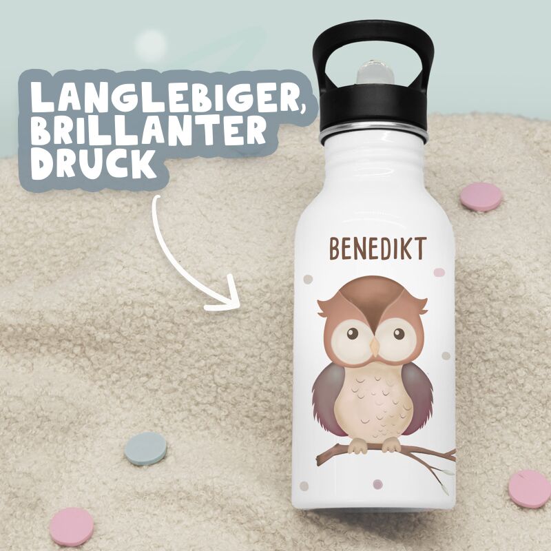 Personalisierte Trinkflasche weiß mit Trinkhalm "Eule"