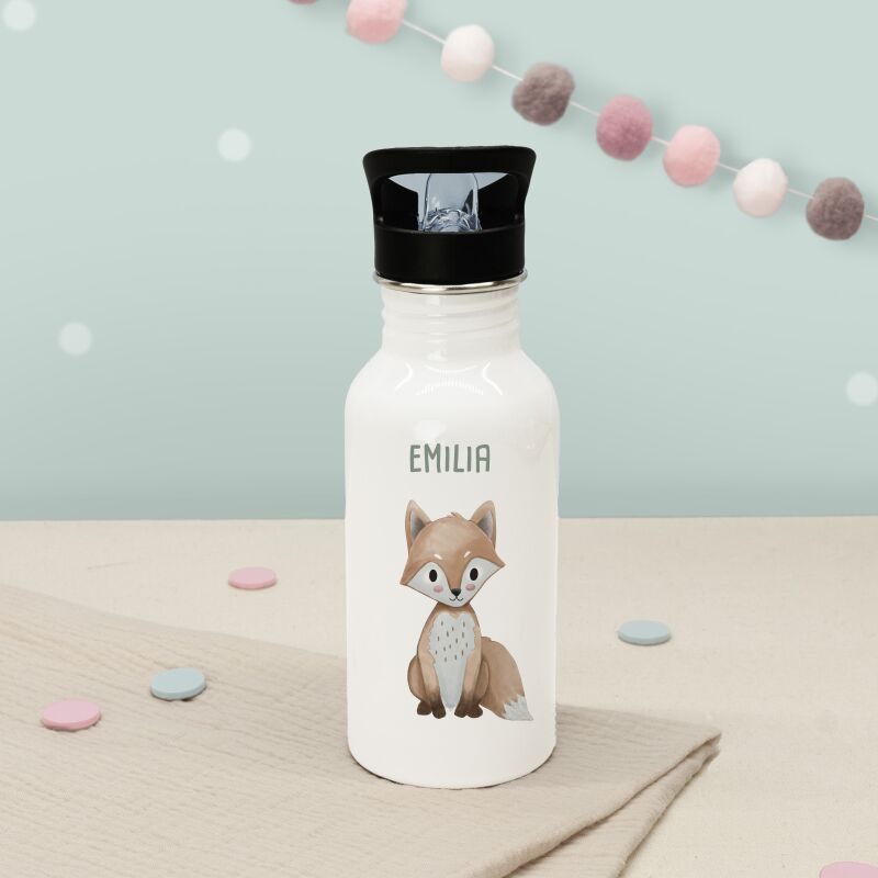 Personalisierte Trinkflasche weiß mit Trinkhalm "Fuchs"