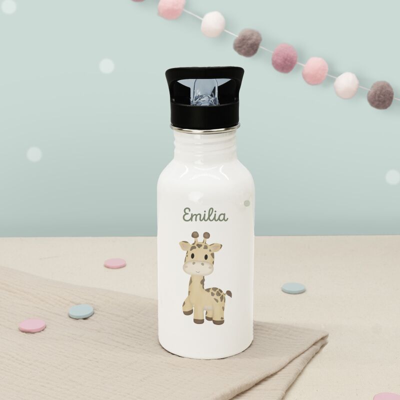 Personalisierte Trinkflasche weiß mit Trinkhalm "Giraffe"