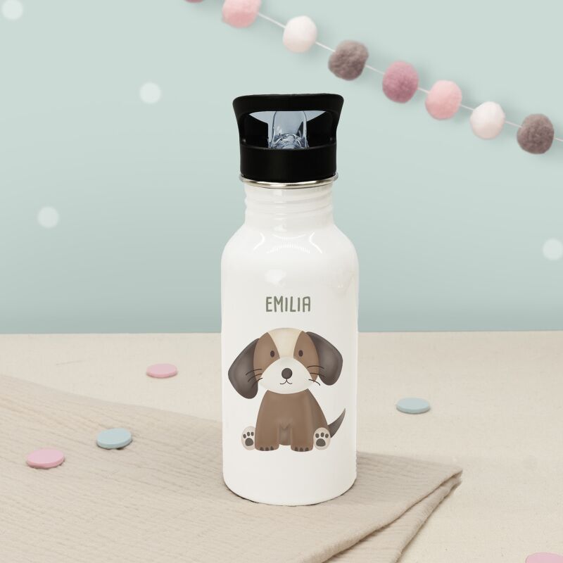 Personalisierte Trinkflasche weiß mit Trinkhalm "Hund"