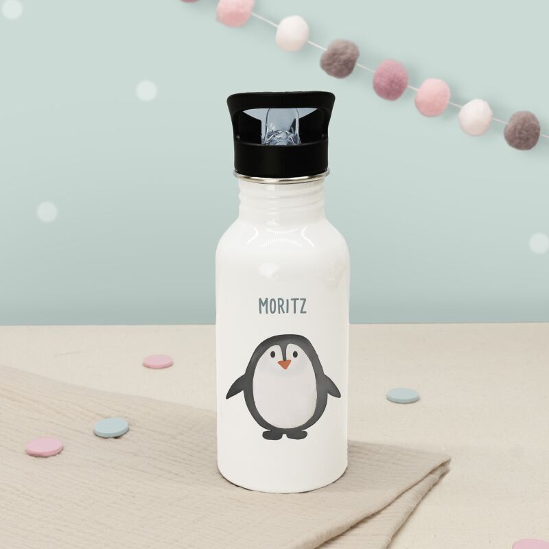 Personalisierte Trinkflasche weiß mit Trinkhalm "Pinguin"