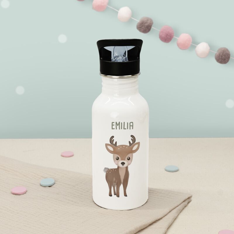 Personalisierte Trinkflasche weiß mit Trinkhalm "Reh"