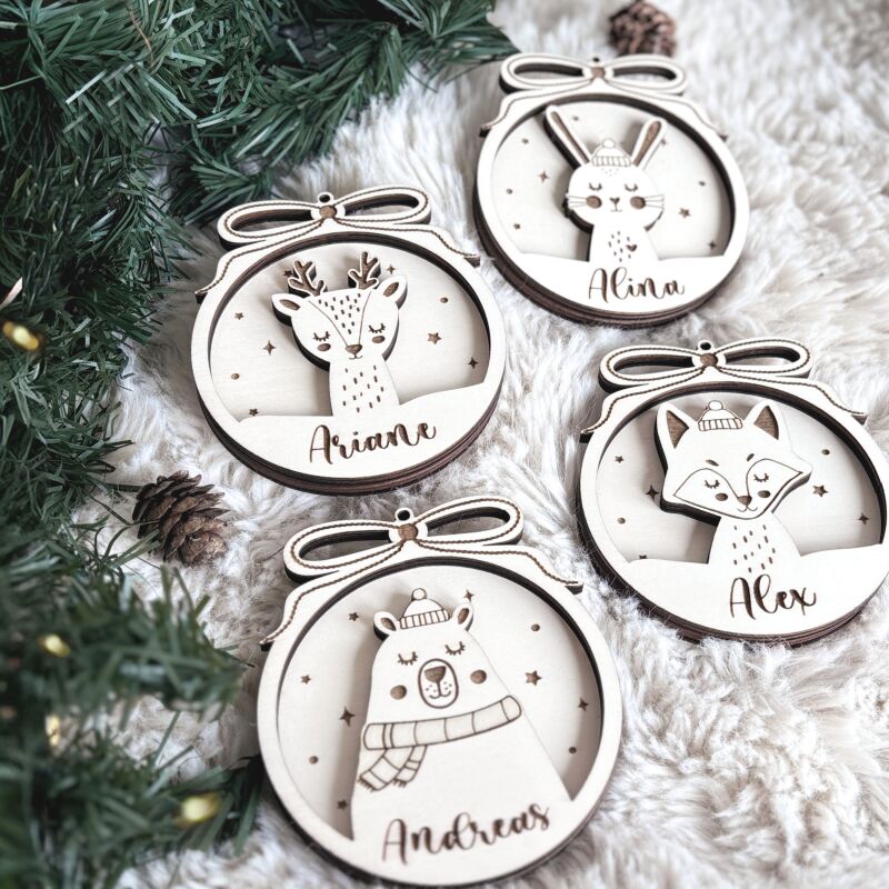 Personalisierte Weihnachtsbaumkugeln 3D 5er Set "Waldtiere"