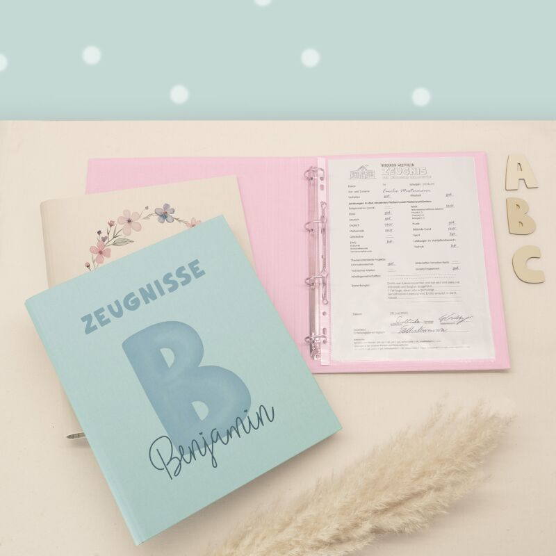 Zeugnismappe Leinen „Buchstabe Blau“ DIN A4 personalisiert Druck