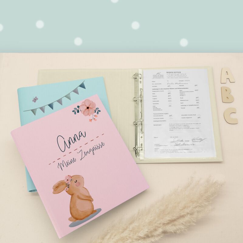 Zeugnismappe Leinen „Hase“ DIN A4 personalisiert Druck