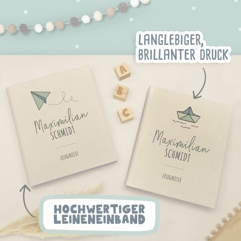 Zeugnismappe Leinen „Wal“ DIN A4 personalisiert Druck
