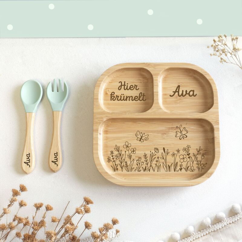 Personalisierter Babyteller "Blumenwiese"