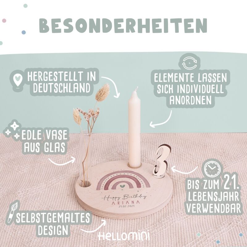 Personalisierter Geburtstagsteller Regenbogen rosa mit Kerzenhalter, Vase & Jahreszahlen
