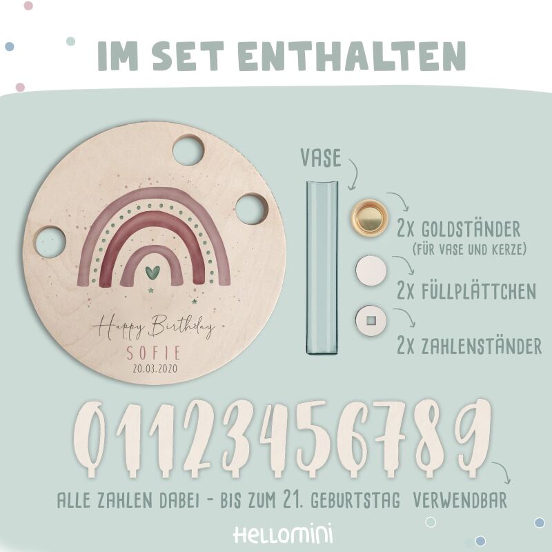 Personalisierter Geburtstagsteller Regenbogen rosa mit Kerzenhalter, Vase & Jahreszahlen
