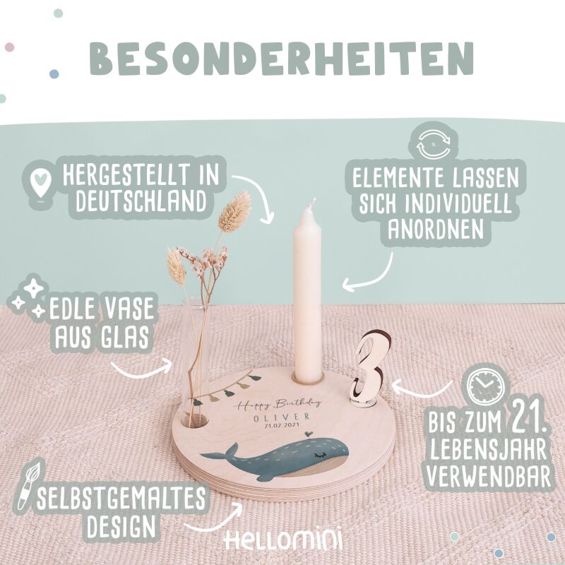 Personalisierter Geburtstagsteller Wal mit Kerzenhalter, Vase & Jahreszahlen