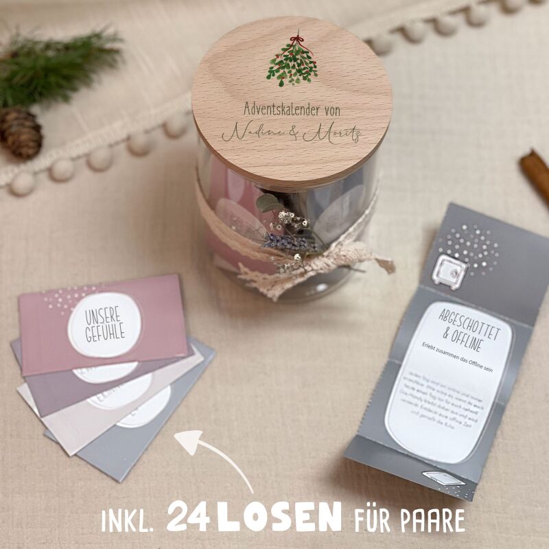 Personalisierter Paar-Adventskalender mit 24 Losen Aquarell "Mistelzweig"