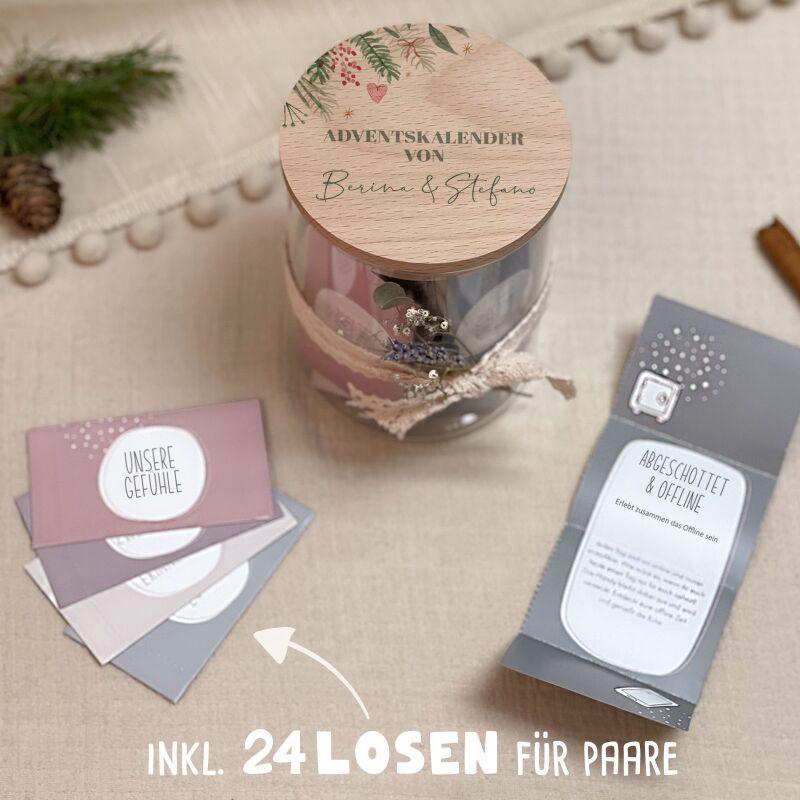 Personalisierter Paar-Adventskalender mit 24 Losen Aquarell "Zweig in der Ecke"