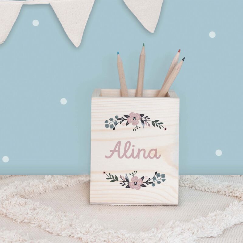 Personalisierter Stiftehalter "Blumenkranz" bunt bedruckt