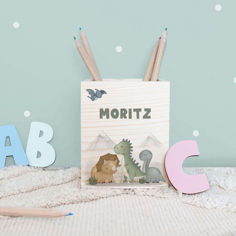 Personalisierter Stiftehalter "Dinowelt" bunt bedruckt